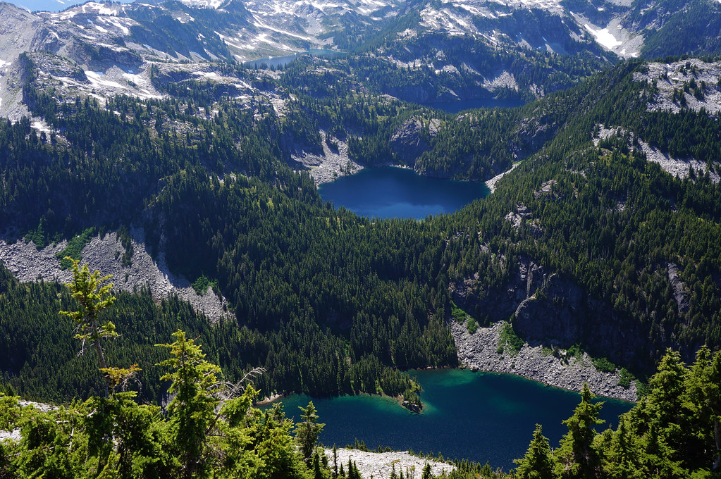West Fork Foss views: Otter Lake, Azurite Lake, Angelina Lake, and Chetwoot Lake from Otter Point