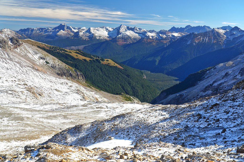 View from Glacier Gap area down the Upper Suiattle drainage. Background: Bonanza,. Fortress, Fernow, Napeequa