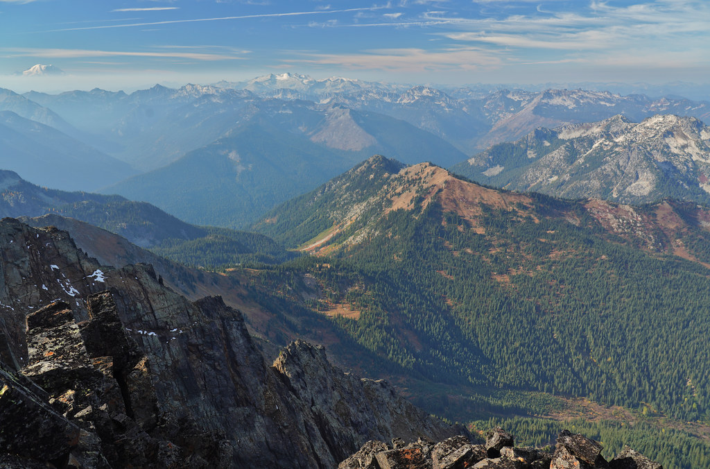 From Snowgrass looking SW towards Frosty Pass, Frosty Mountain and Mt Daniel in distance.