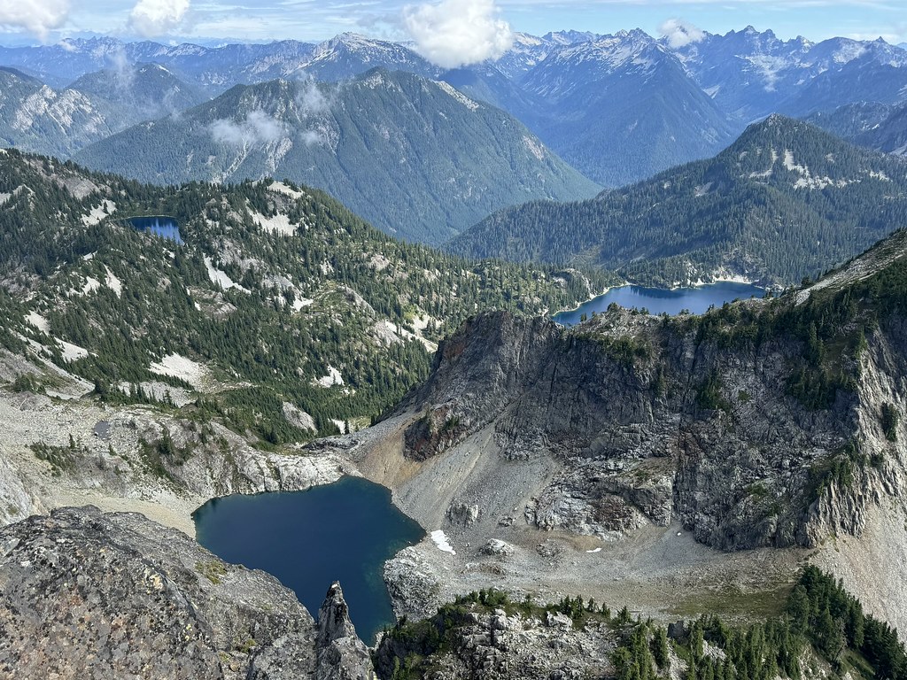 Chair Peak Lake (foreground), Gem Lake (left), Snow Lake (right) from Kaleetan Peak