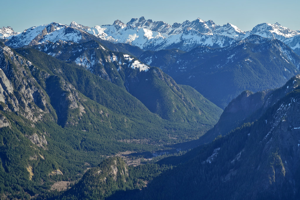 Middle Fork Snoqualmie from South Bessemer - Foreground: Stegosaurus Butte, Left: Big Snow, Rightmost: Chikamin, Center: Chimney Rock and Lemah
