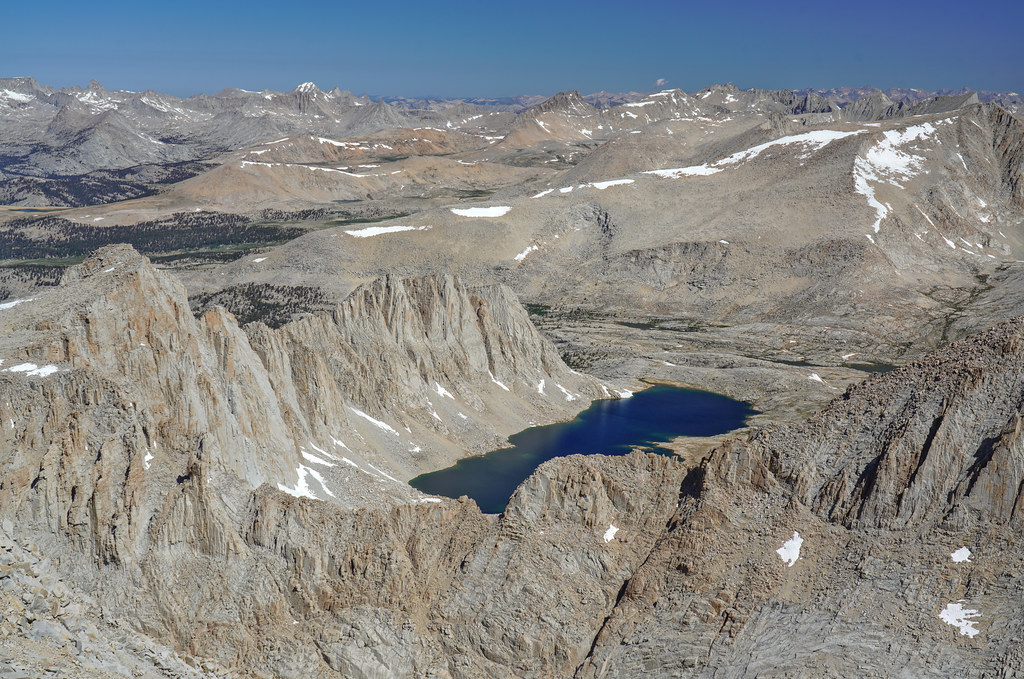View west from Mt Whitney: Wales Lake in the foreground. Mt Hale foreground-left.  Barnard rightmost. Bighorn Plateau leftmost.