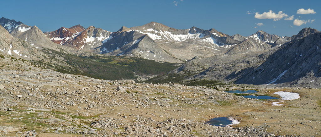 The glorious Upper Basin, south of Mather Pass (note the JMT/PCT trail). Amazing views of Crater, Ickes, Arrow and the South Fork King River drainage