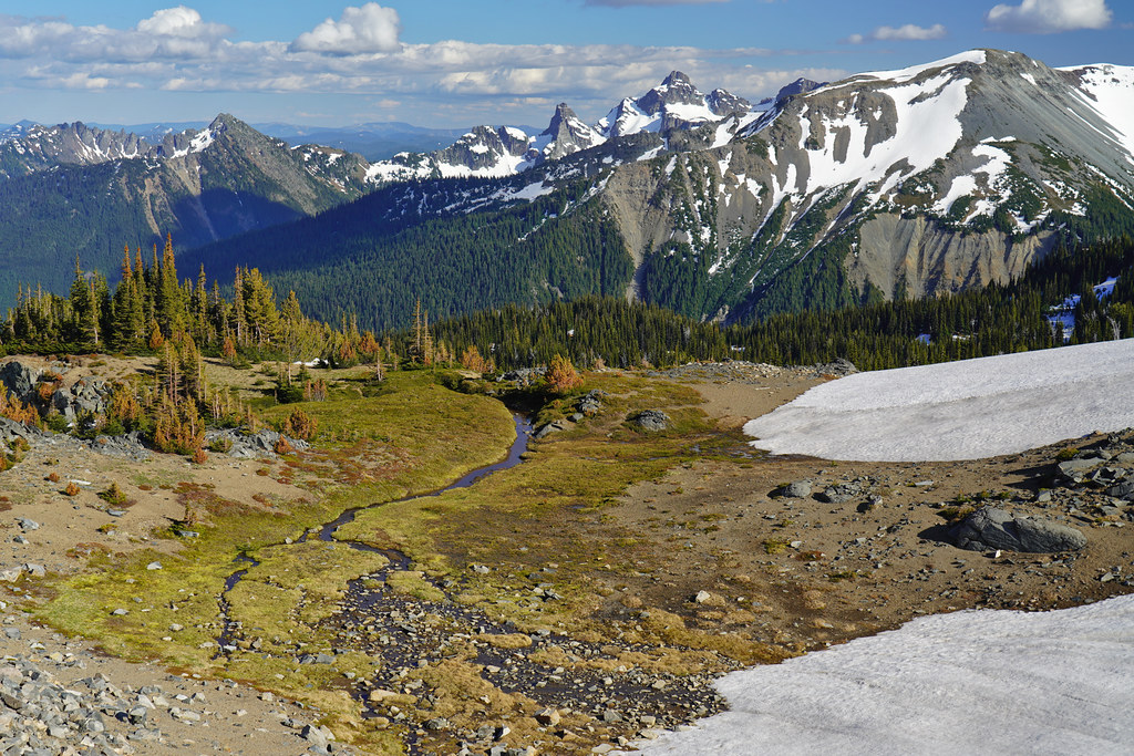 Yakima Park, Goat Island Mountain and the Cowlitz Chimneys from the Sourdough Ridge Trail
